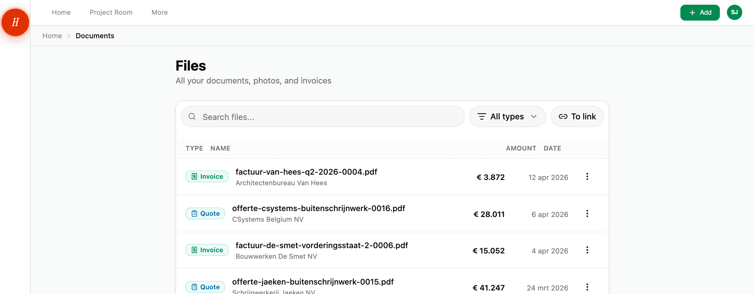 The Files page with the search box, type filter dropdown, and the row list showing document type, contractor, and amount