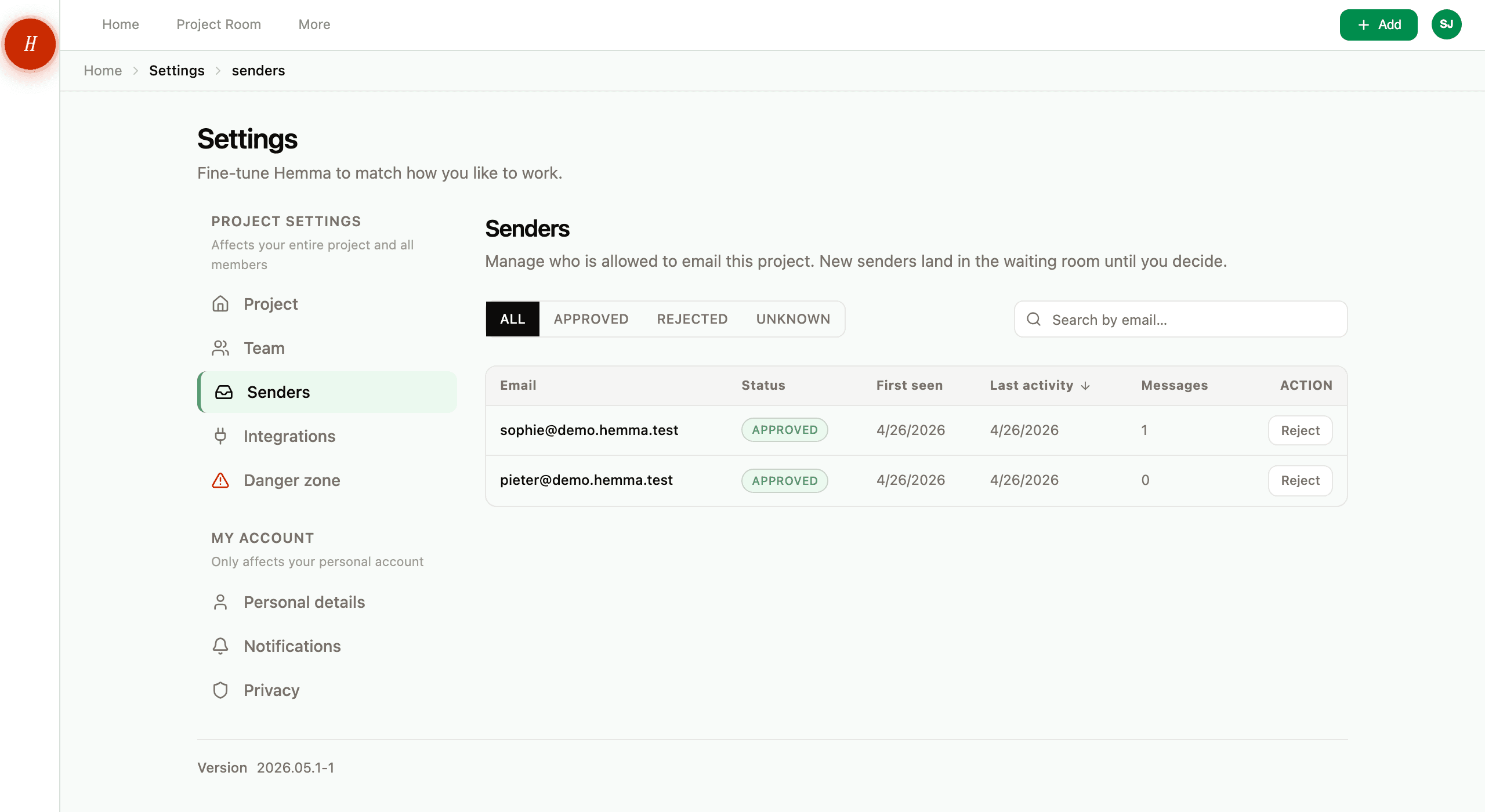 The Senders settings page with filter tabs for All, Approved, Rejected, Unknown and a row per sender with status, last activity, message count and an action button