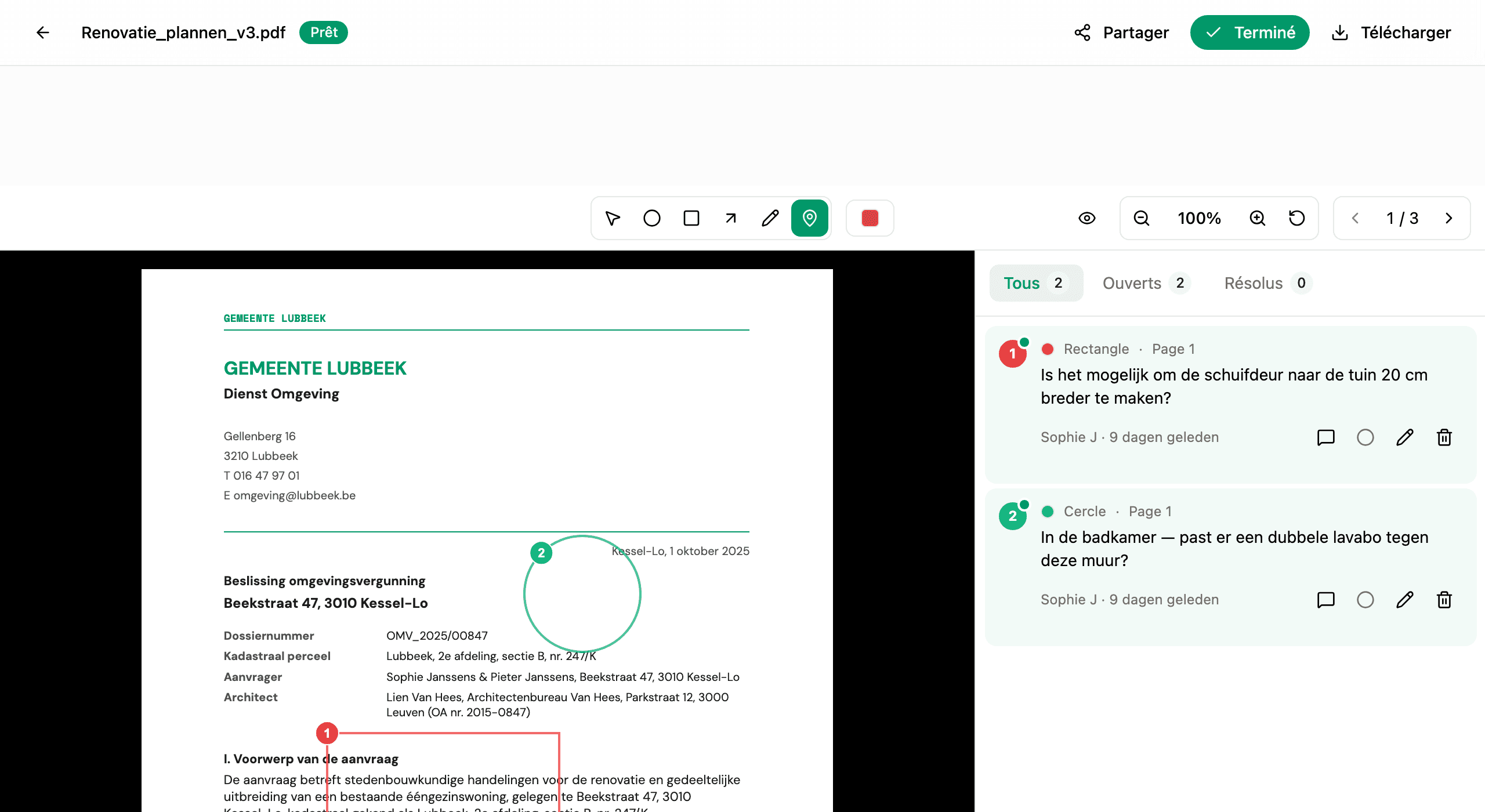 La barre d'outils d'annotation avec les cinq outils de dessin et la palette de huit couleurs