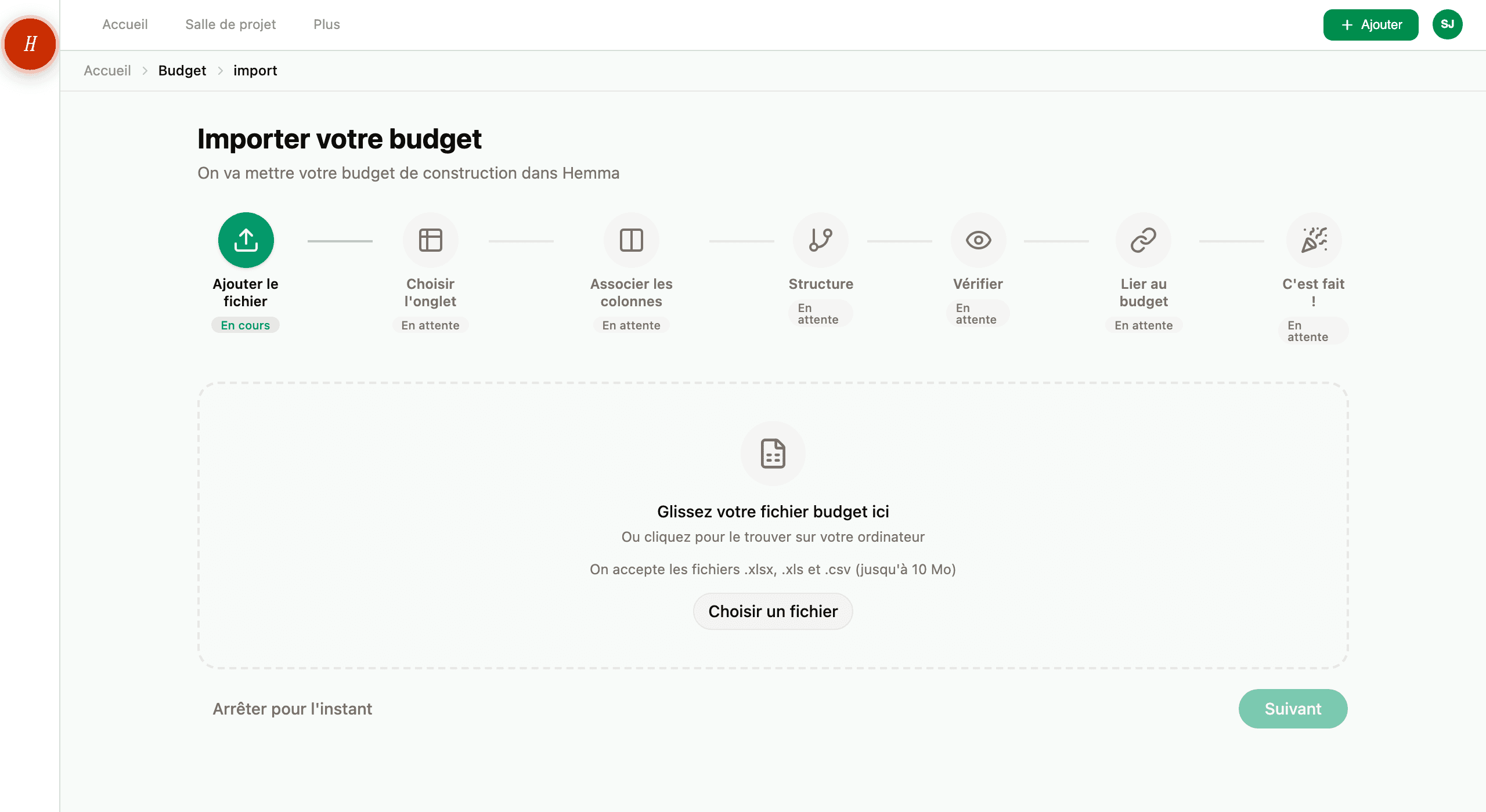 L'assistant d'import de budget à l'étape de téléchargement