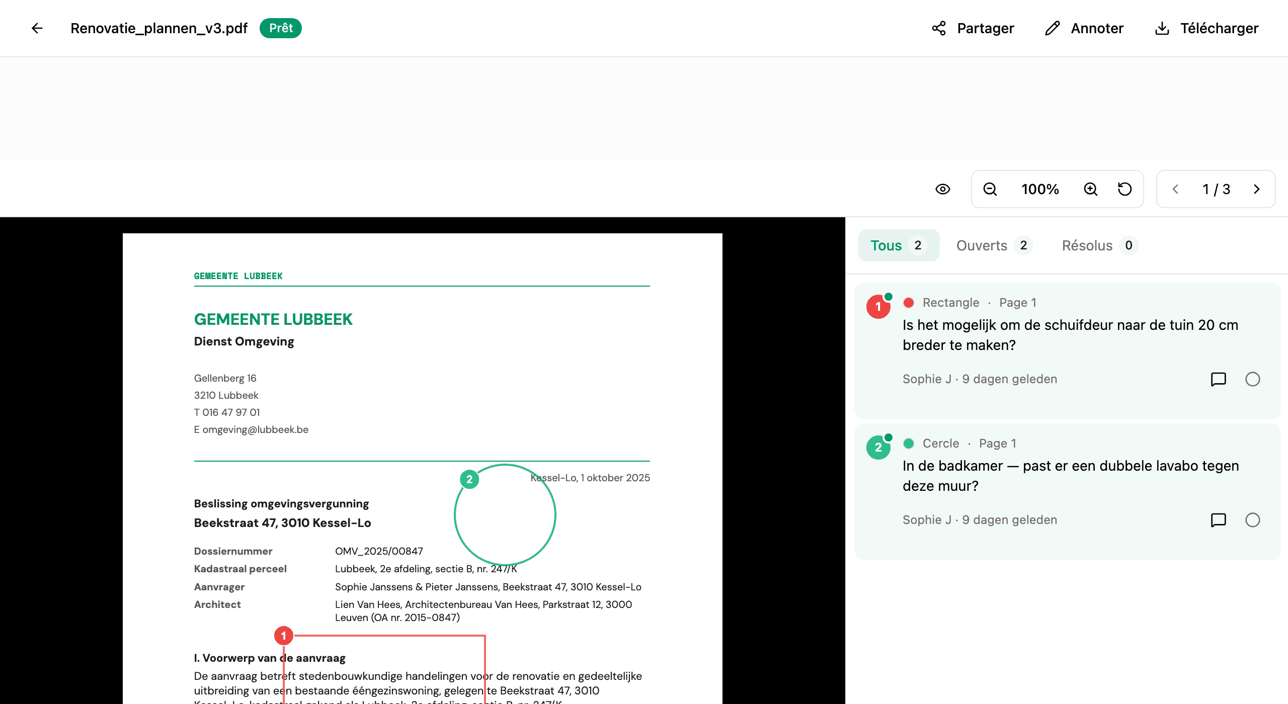 Un plan ouvert dans Hemma avec le bouton Annoter mis en évidence en haut de la visionneuse