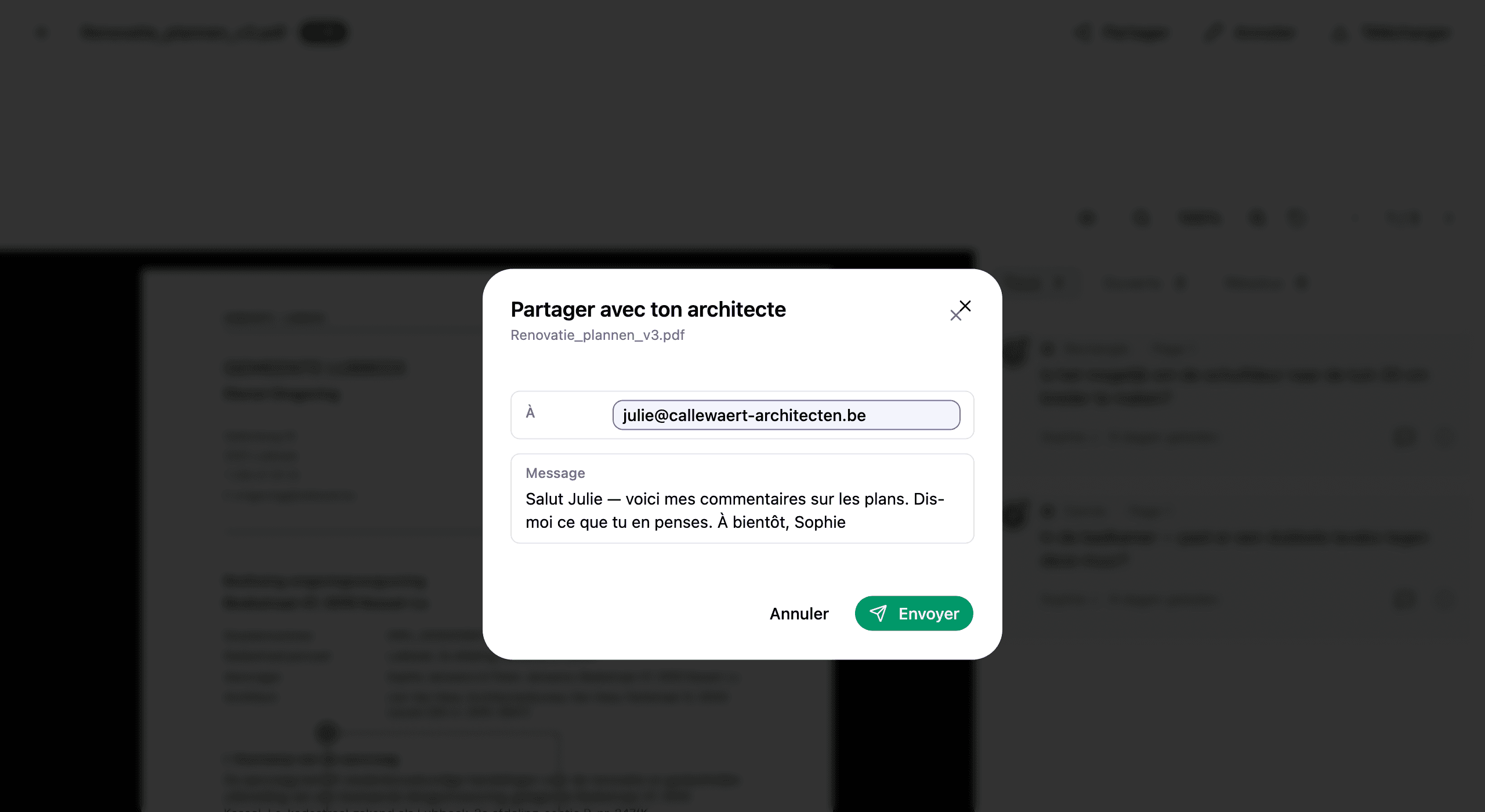 La boîte de dialogue de partage sur un plan, avec un champ pour l'adresse e-mail de l'architecte