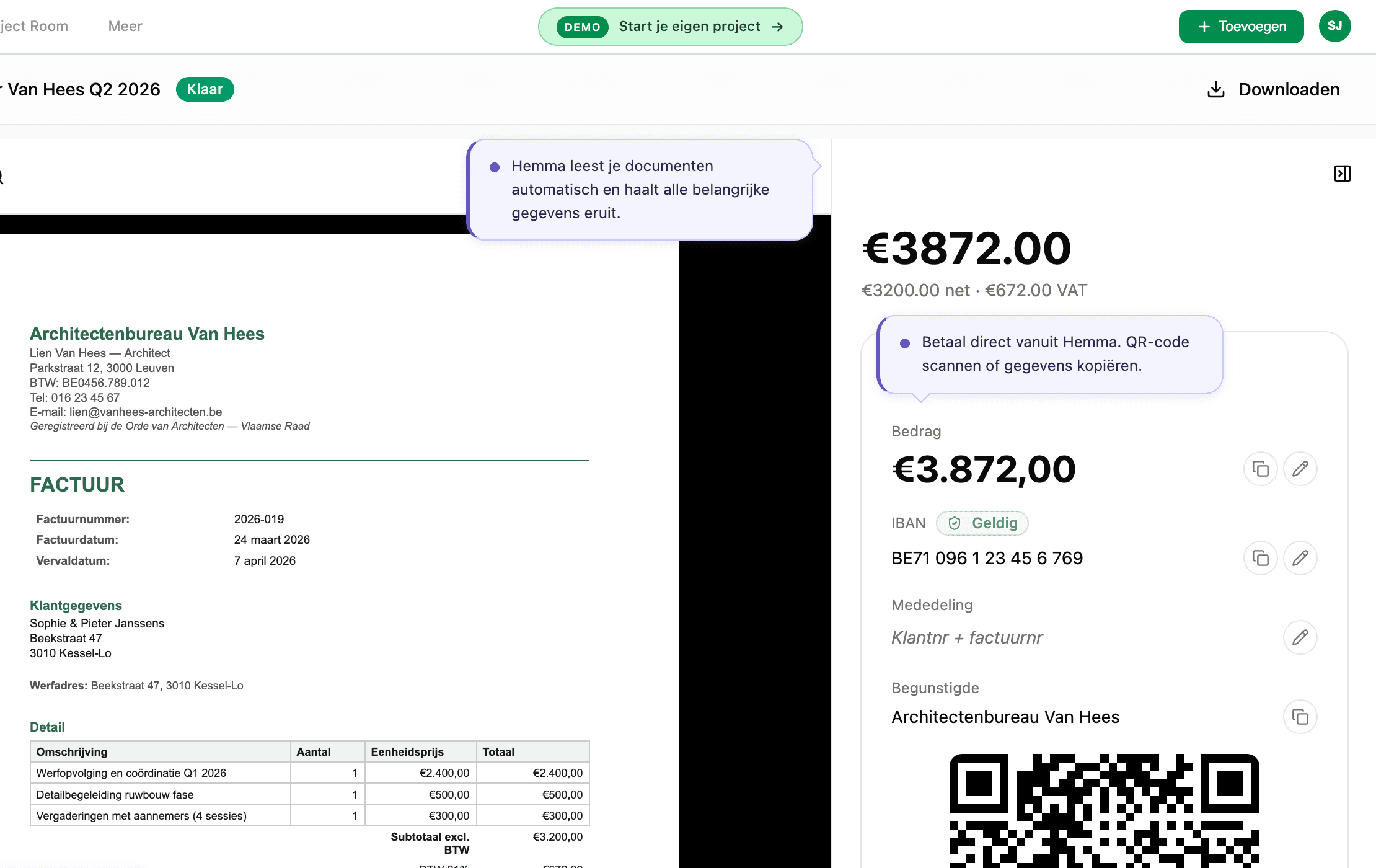 Hemma toont een verwerkte factuur met aannemersnaam, bedrag en vervaldatum