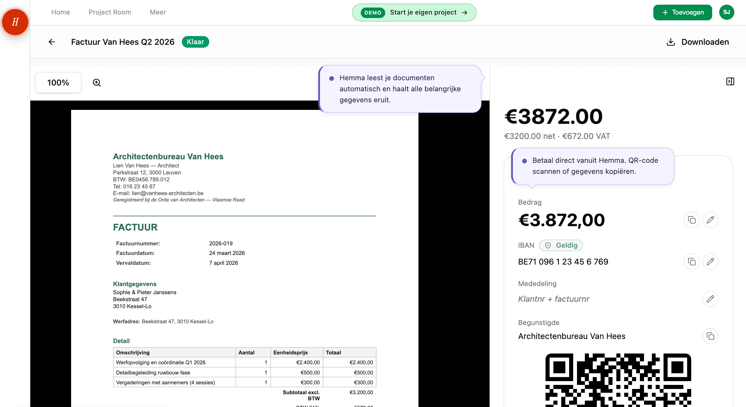 Een verwerkte factuur met de PDF en de geëxtraheerde gegevens naast elkaar