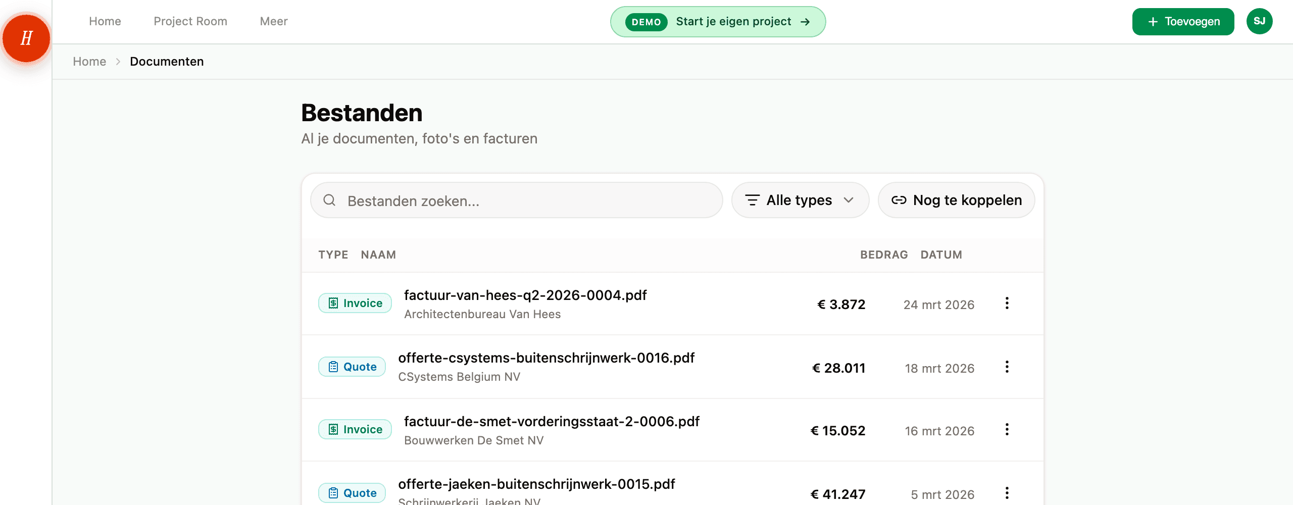 De bestandslijst met documenttypes, aannemersnamen en bedragen