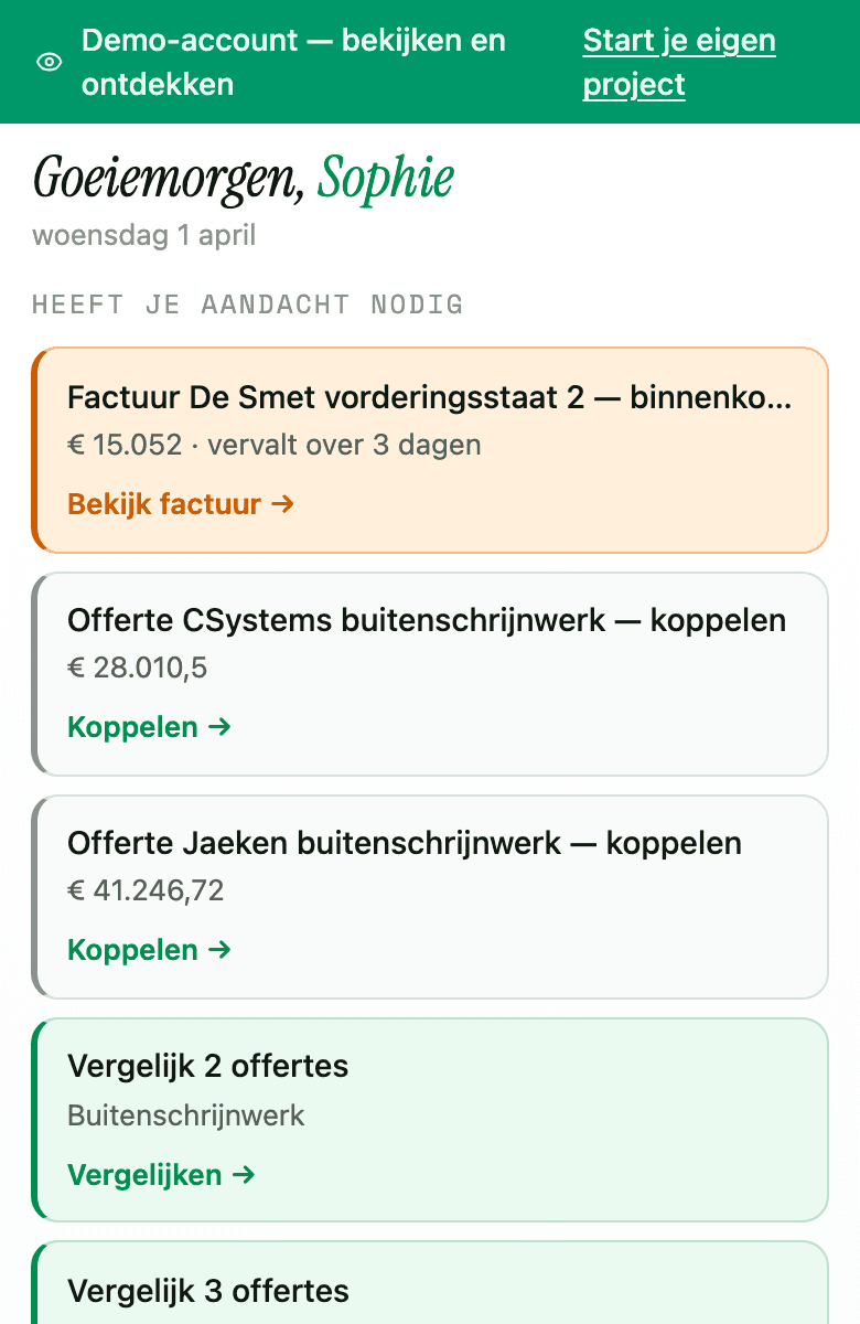 Het startscherm met documenten en taken die aandacht nodig hebben