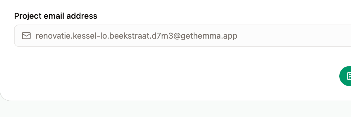 The project email address on the home screen with a copy button