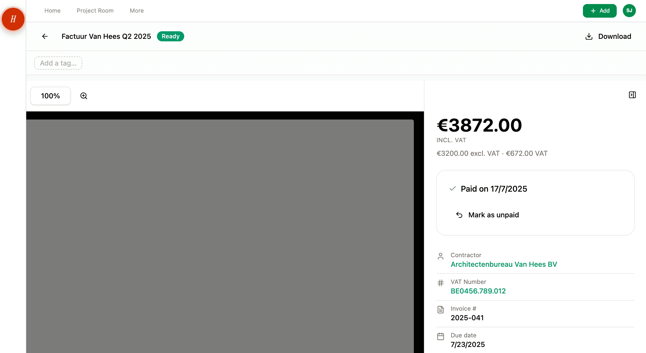 Hemma showing an extracted invoice with contractor name, amount, and due date