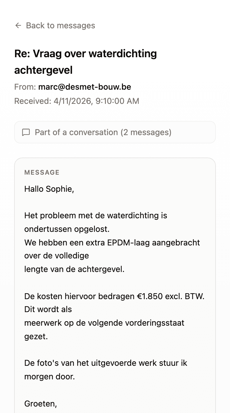 A message detail showing the email body and the extracted attachment with its processing status