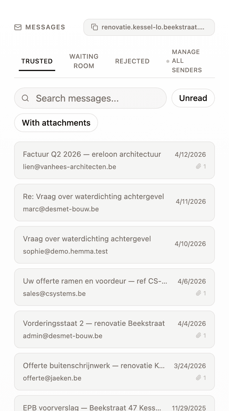 The messages inbox showing received emails with sender, subject, and attachment count