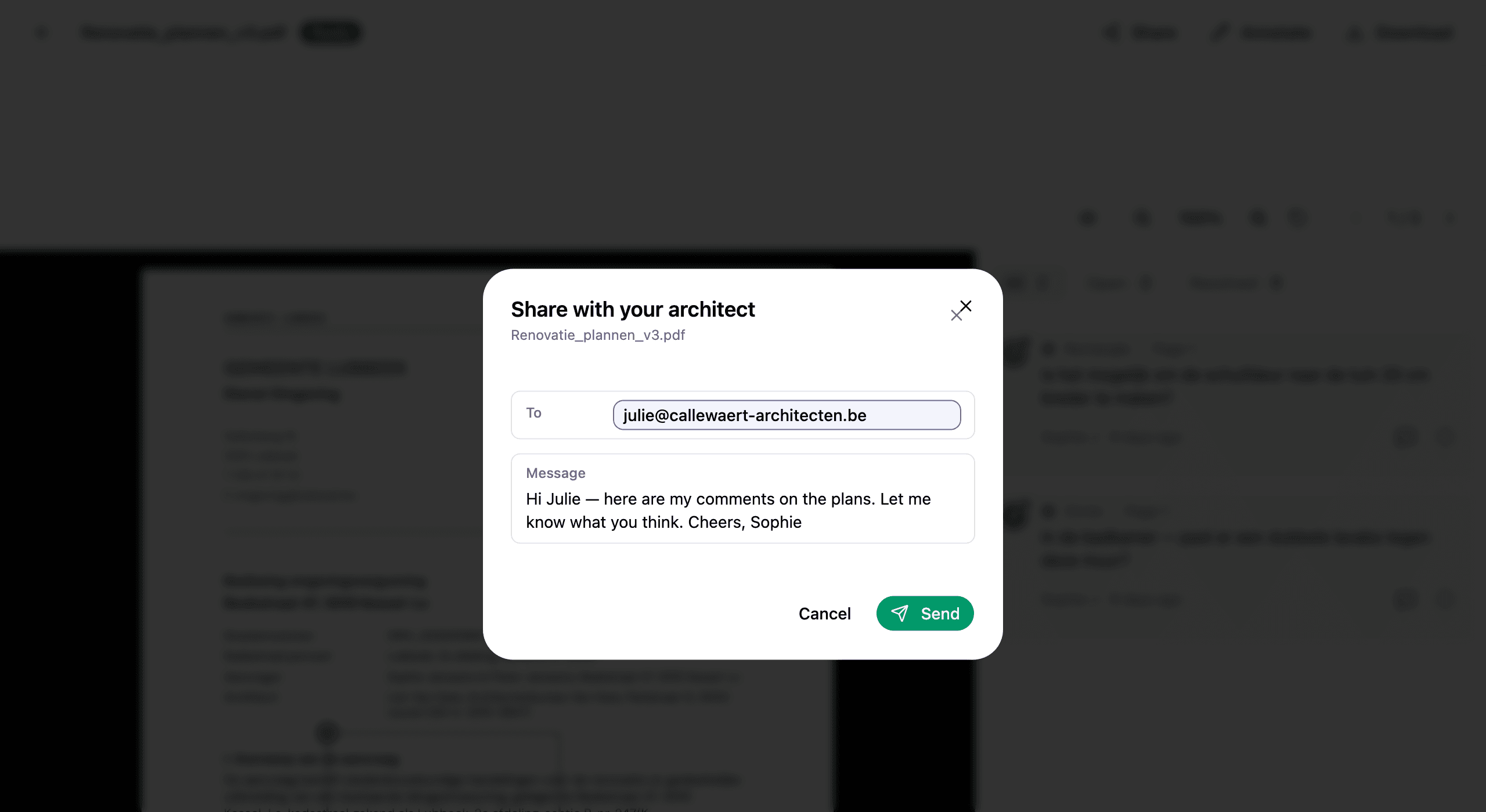 The share dialog on a plan, with a field to enter the architect's email